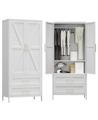 71 Inch Metal Wardrobe Closet with Doors and Drawers, Tall Armoire Cabinet with Hanging Rod for Bedroom