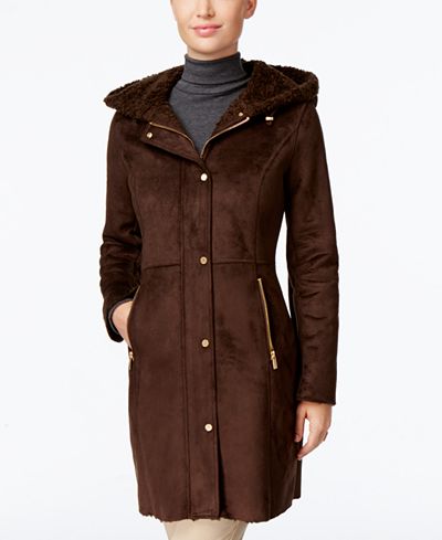 Jones New York Hooded Faux-Shearling Walker Coat