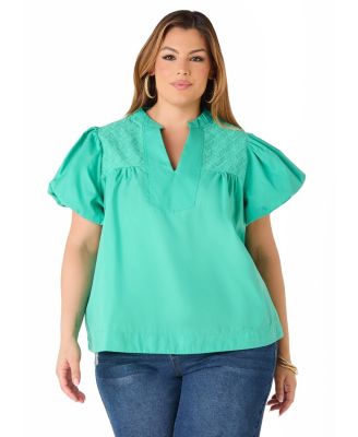 Plus Size Puff Sleeve Embroidered Women's Top