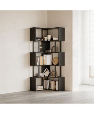6-Tier L-Shaped Corner Bookshelf, Industrial Metal Frame Space-Saving Storage Rack with Wall Anchors, Freestanding Display Organizer