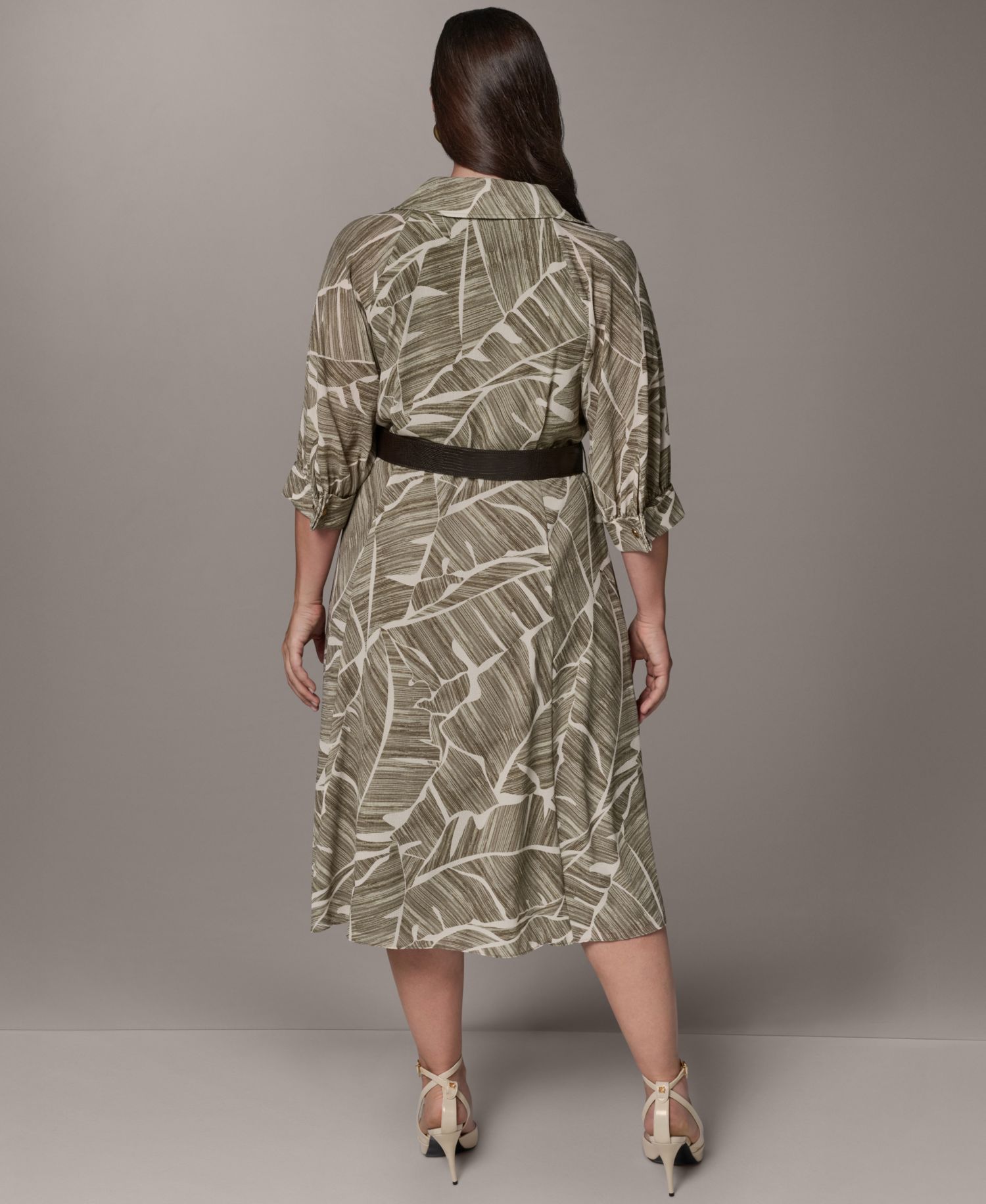 Plus Size Printed 3/4-Length-Sleeve Belted Midi Shirt Dress