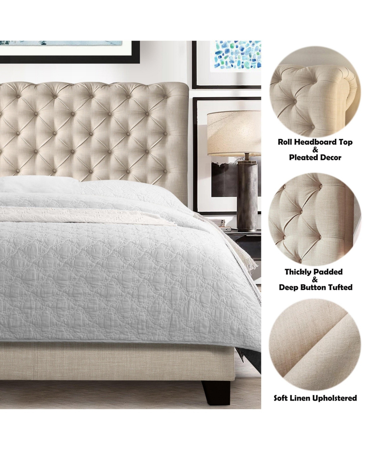 Boyel Living Luxury Upholstered Bed Frame with Tufted Headboard Platform Bed with Solid Wood Frame