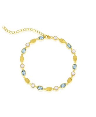 Sterling Silver, Round MOP and Oval  Topaz Gem Bracelet - Gold Plated