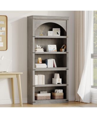 Farmhouse Arched Bookcase, 68.7 Inch Tall Bookshelf with Arch Top Design, Wooden 5 Tier Storage Bookshelves Bookshelf for Living Room