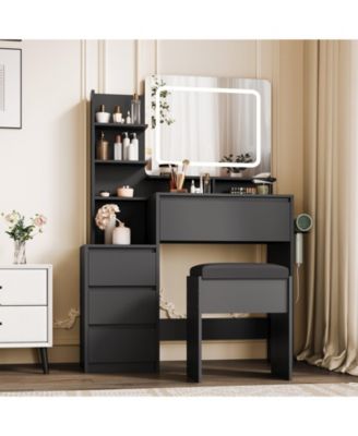 Modern Vanity Desk with Mirror and Adjustable LED Lights, 4 Drawers, Storage Shelves, Charging Station and Stool for Bedroom, Makeup Table