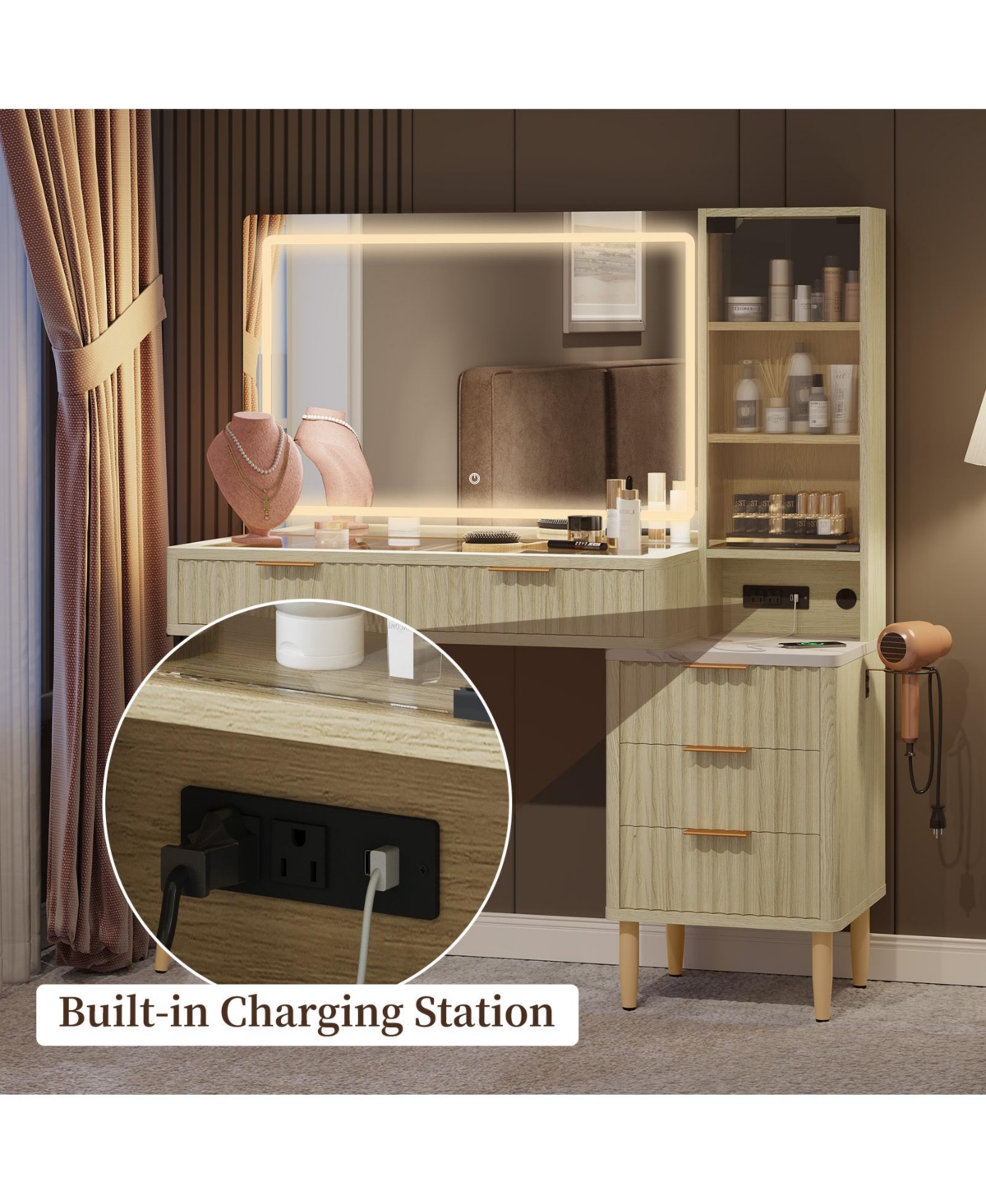 homfan Fluted Makeup Vanity with 36" Lighted Hd Mirror, Glass Top, 5 Drawers, Charging Station, Bedroom Dressing Table, Open Shelves Wood Furniture