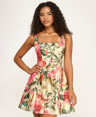 Juniors' Printed Jacquard Square Neck Corset Drop-Waist Dress