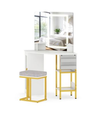 Corner Dressing Table with Mirror and LED Lights for Makeup