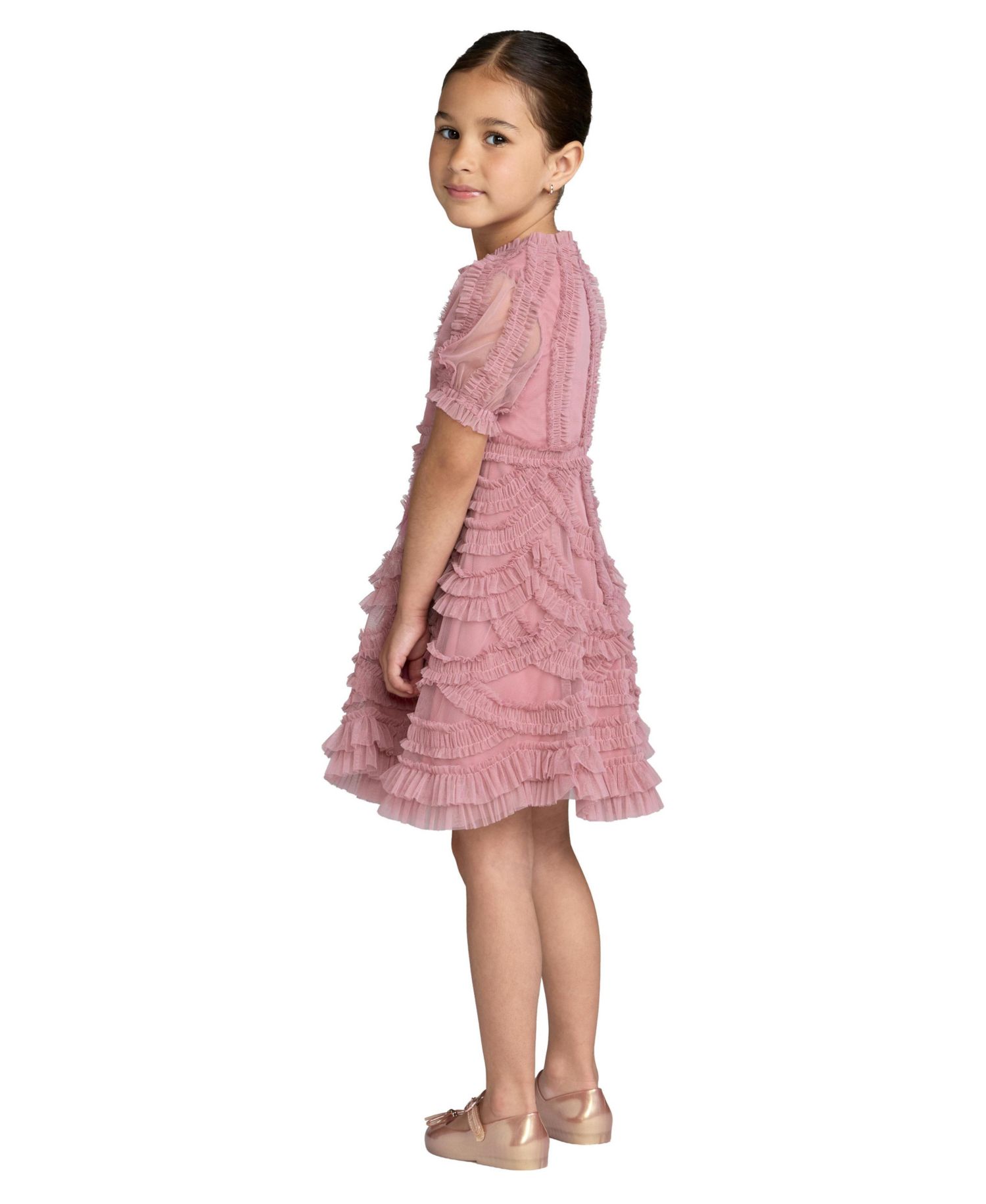 Big Girls High Neck Puff Sleeve Ruffle Mini Dress
