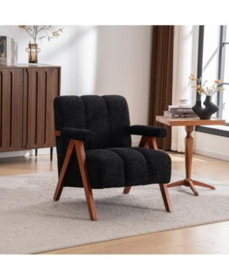 Mid-Century Modern Accent Chair, Chenille Fabric Lounge Armchair with Solid Wood Frame