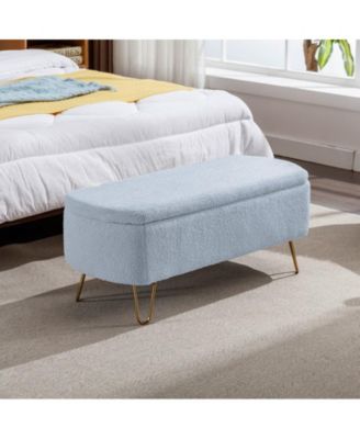 Storage Ottoman Bench for End of Bed Gold Legs Modern Grey Faux Fur Entryway Bench Upholstered Padded