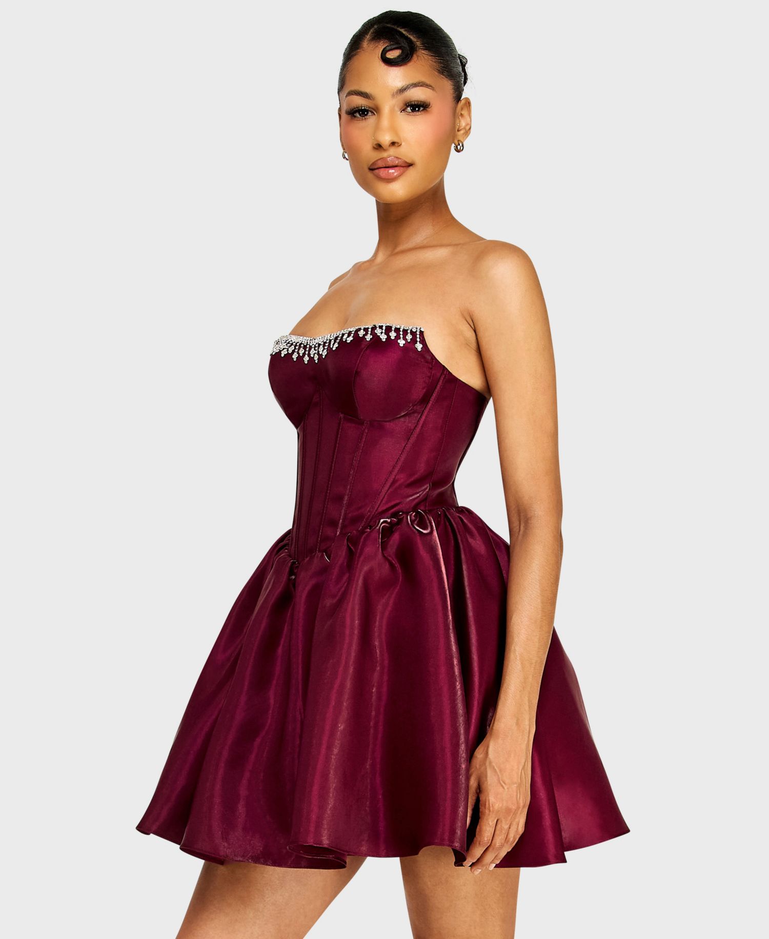 Juniors' Strapless Corset Bodice Dress with Draped Jewels at Top Trim