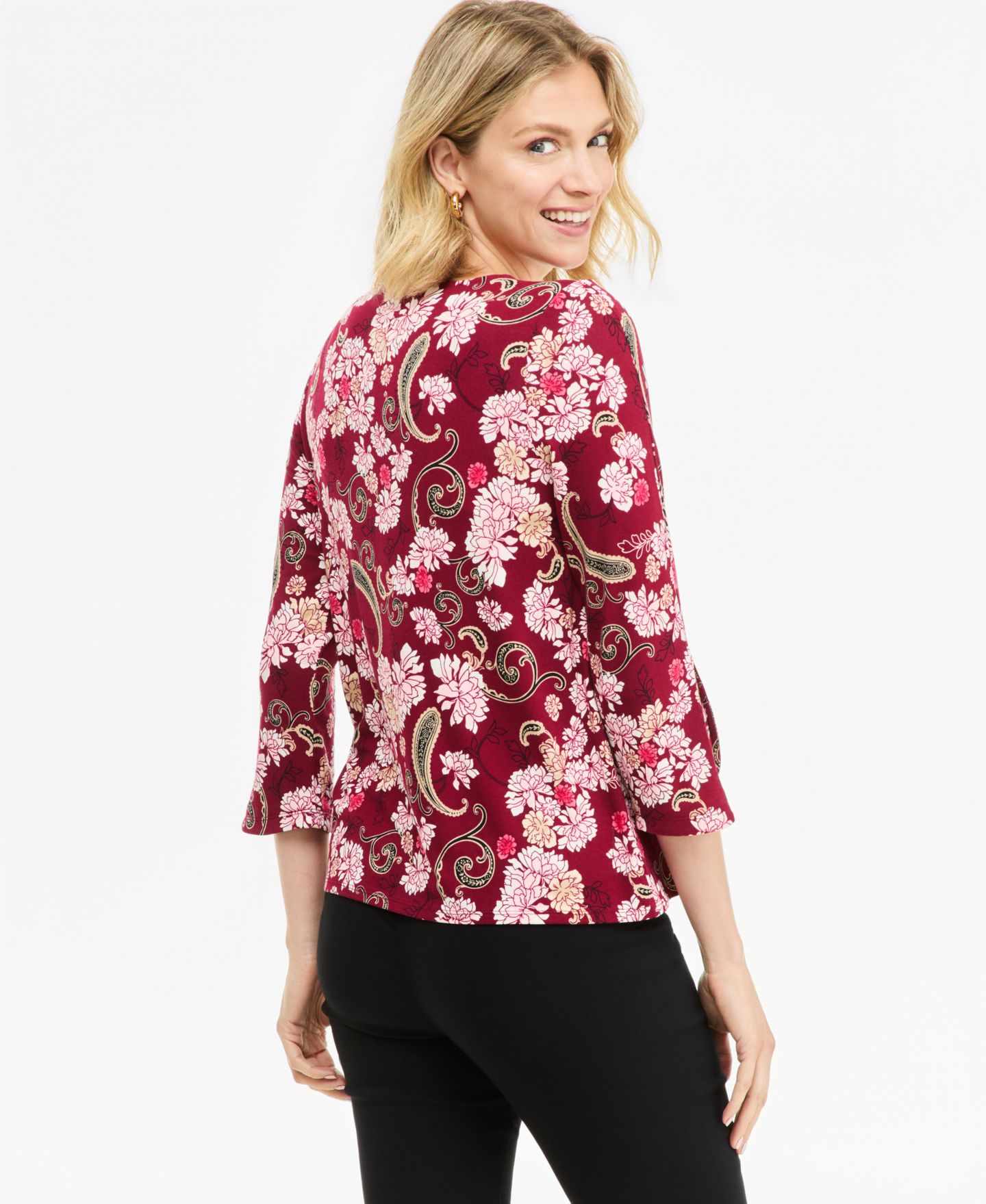 Женский топ JM Collection Floral-Print 3/4-Sleeve Tulip Top, цвет: Вишнёвый — фото 4