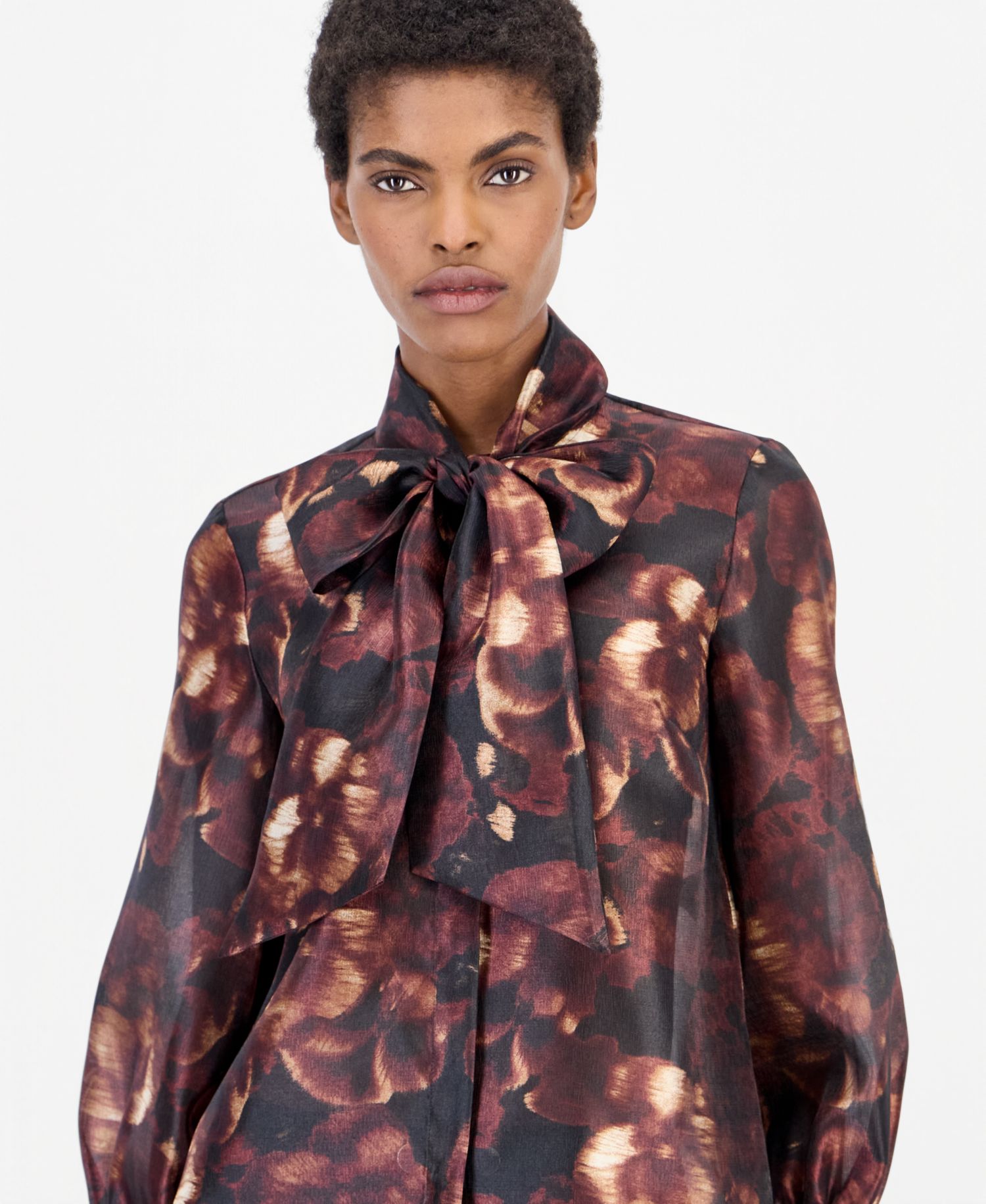 Women's Bow Neck Long Sleeve Floral Blouse