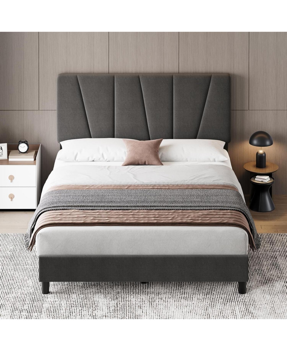 gaomon Bed Frame with Adjustable Headboard, Linen Upholstered Platform Bedframe with Strong Wooden Slats, Mattress Foundation
