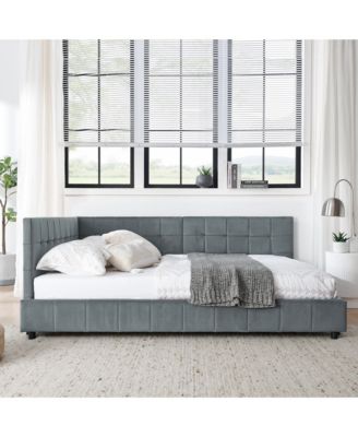Full Size Daybed with Trundle Drawer - Velvet Upholstered Bed Frame with Comfortable Backrest and Armrests