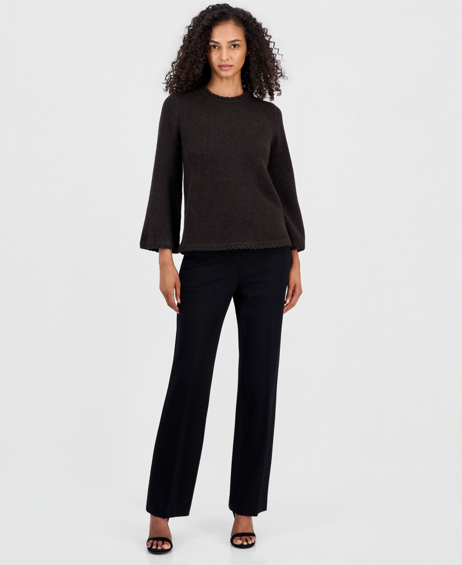 Petite Braided-Trim Long-Bell-Sleeve Sweater