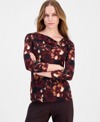 Women's Printed Asymmetric-Neck 3/4-Sleeve Top