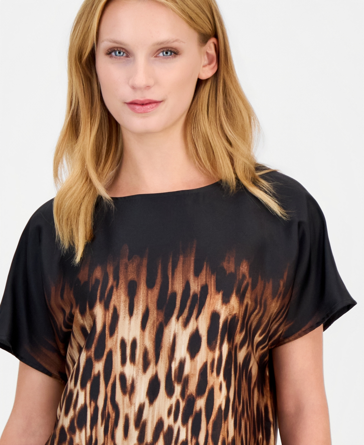 Anne Klein Petite Leopard-Print Bateau Neck Short-Sleeve Blouse