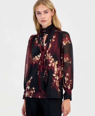 Women's Long-Sleeve Floral Bow Blouse