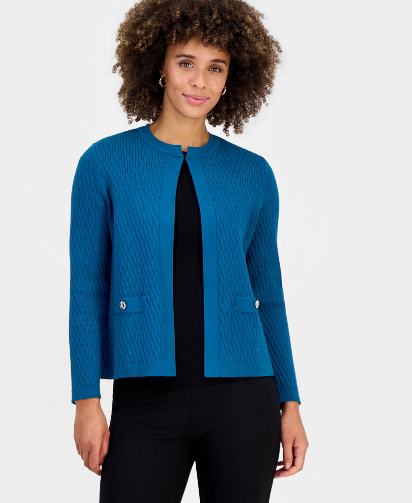 Женский кардиган Kasper Round-Neck Long-Sleeve Cardigan, цвет: Бирюзовый — фото 1