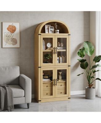 Modern Farmhouse Arched Top Bookcase, MDF Storage Cabinet with Glass Doors and Anti-Tip Straps, Easy Assembly Display Shelf