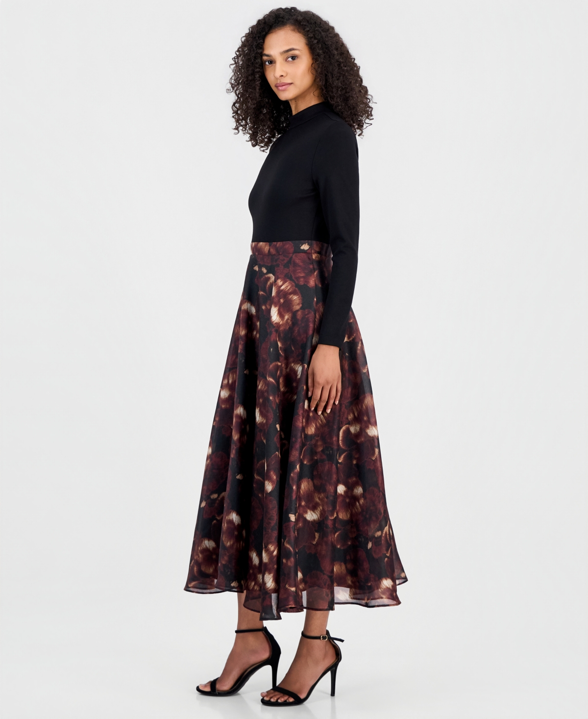 Anne Klein Women's Serenity Mock-Neck Long-Sleeve Floral-Print Dress