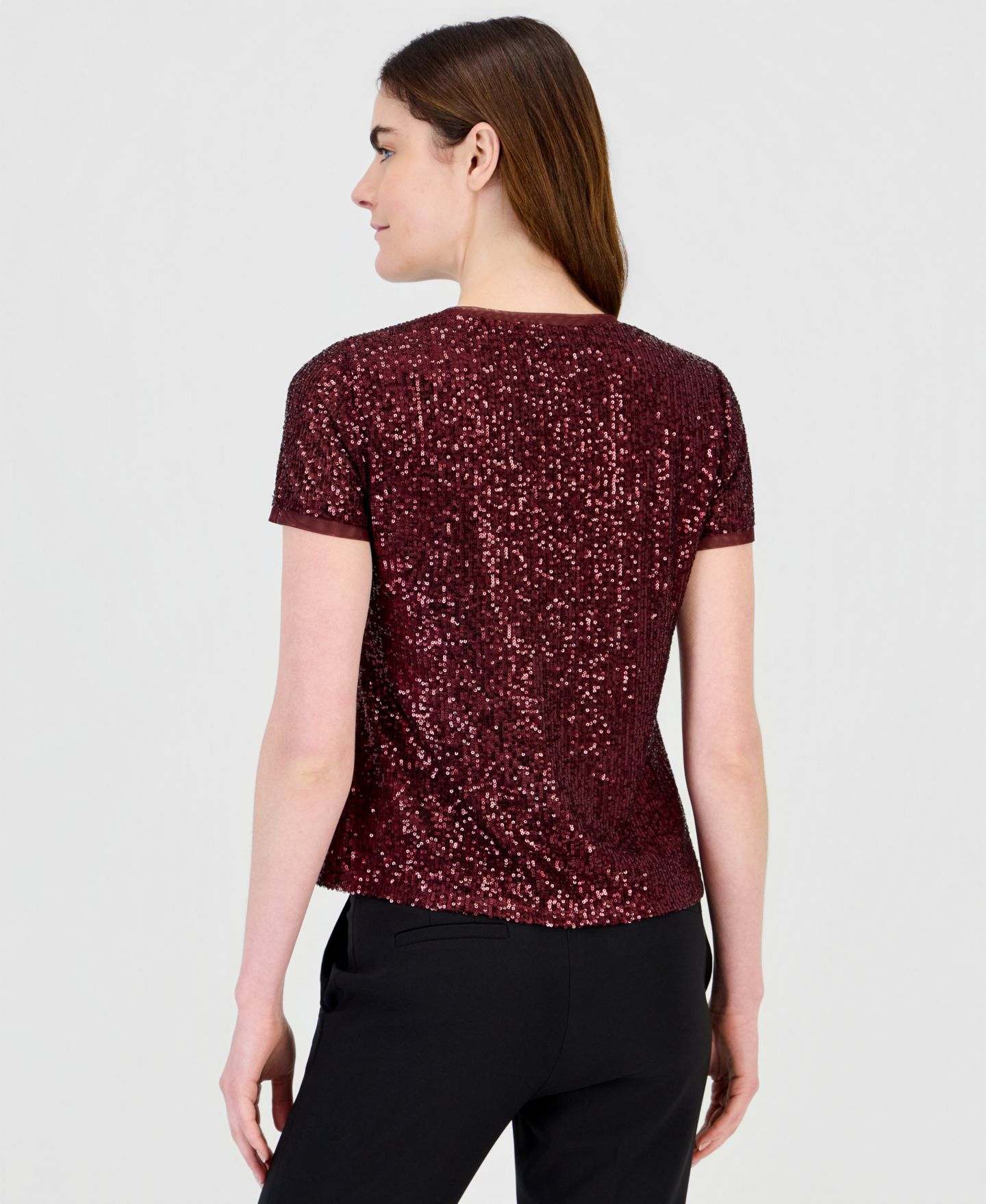 Женский свитшот Anne Klein с круглым вырезом, пайетками и коротким рукавом, цвет: Barolo — фото 4