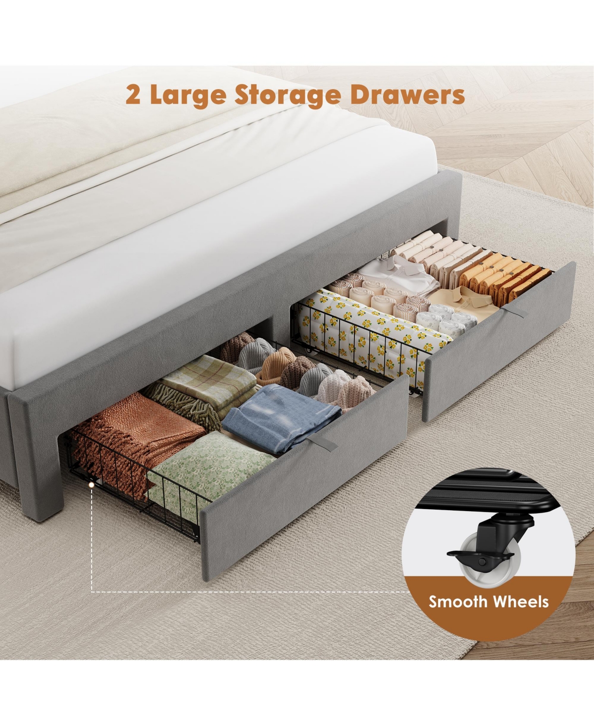 Bed Frame with 2 Drawers, Velvet Upholstered Platform Wooden Slats for Bedroom, No Box Spring Needed, Easy Assembly