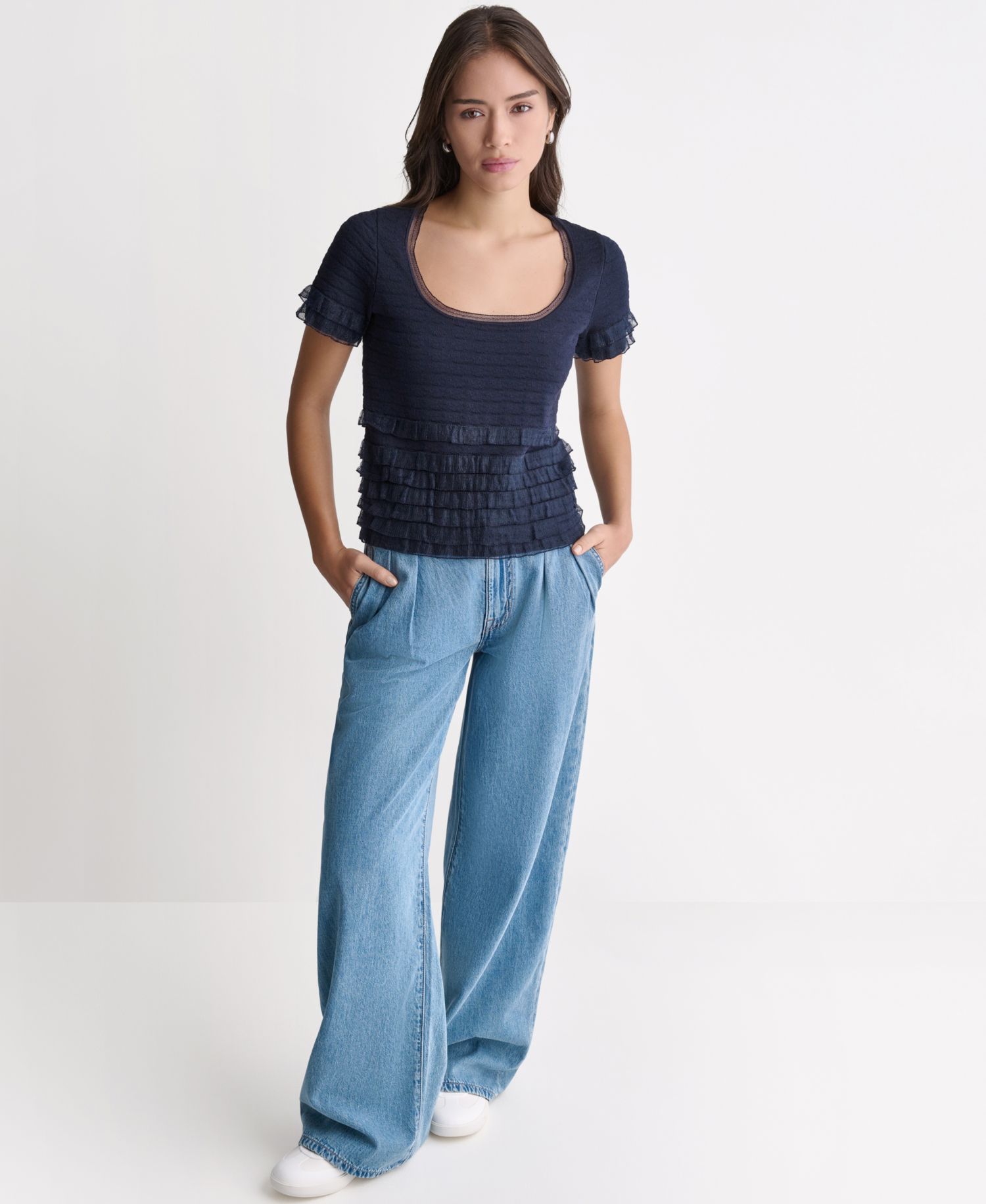 Women's Pointelle Ruffle Short-Sleeve Sweater