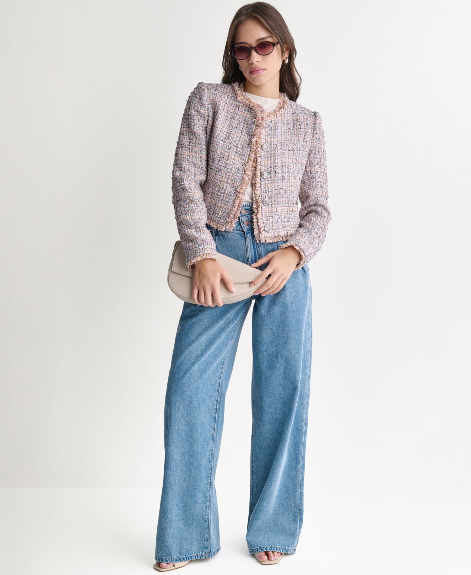 Women's Crewneck Fringe Detail Tweed Jacket