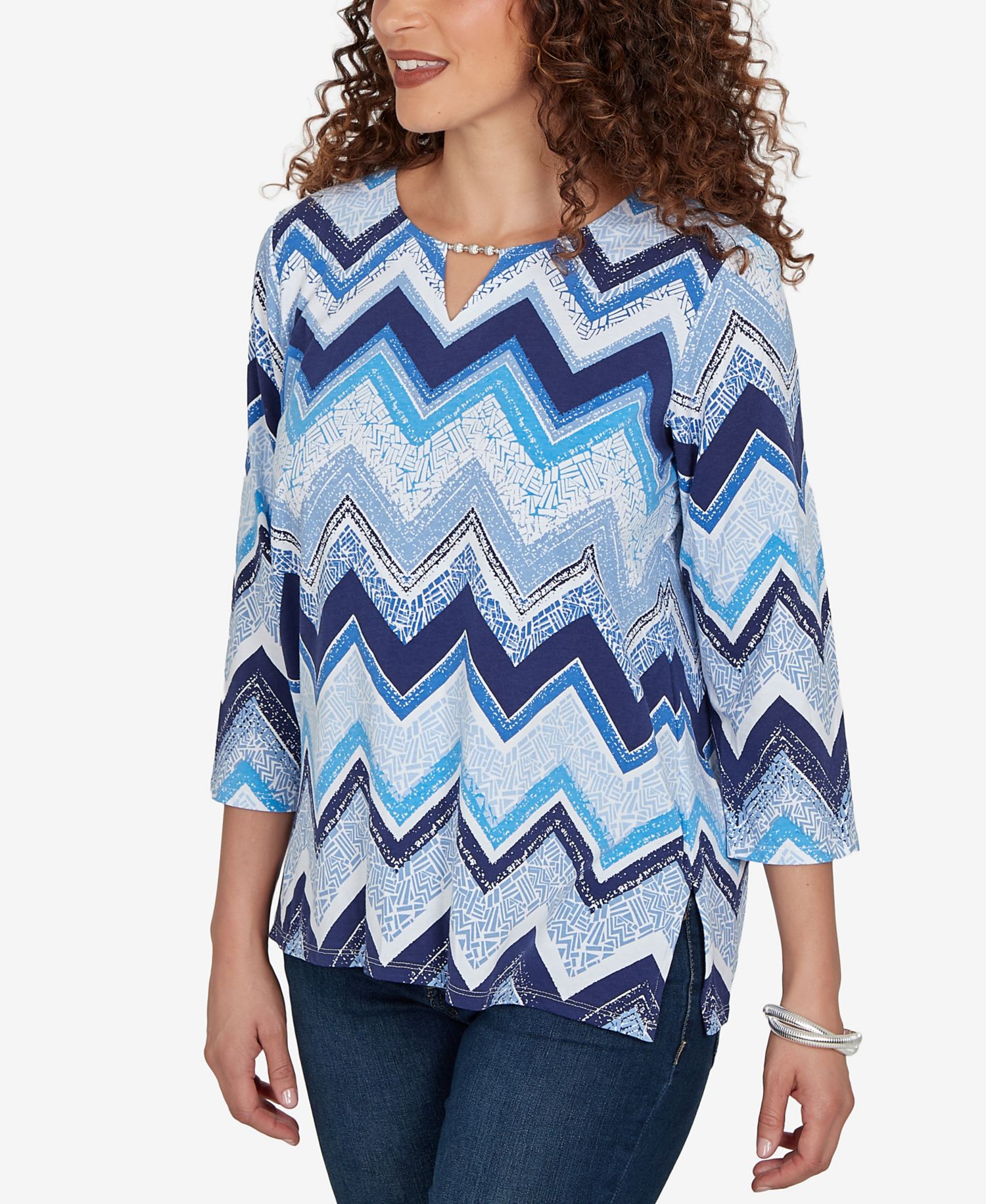 Petite Chevron Blues Split Neck Top