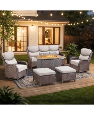 Outdoor Patio Furniture Set 6Piece Wicker Patio Conversation Set with Fire Pit, Swivel Chairs Sofa and Ottomans with 6 Thick Cushion