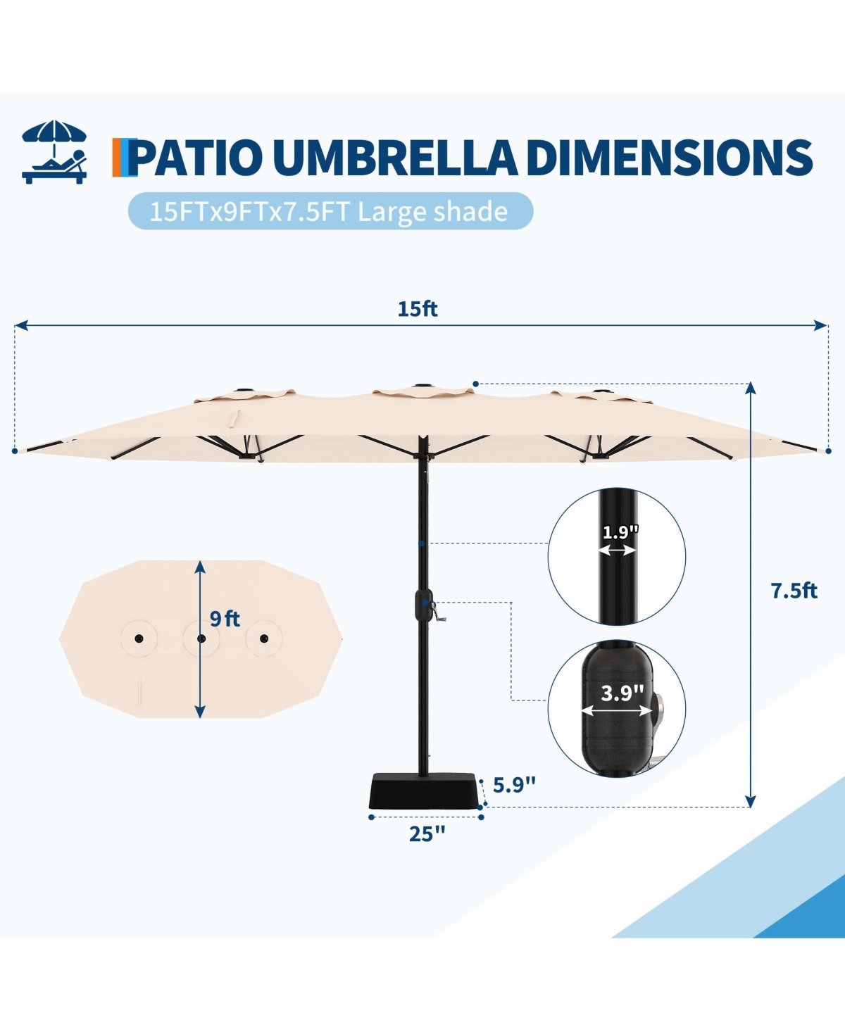 homfan Heavy Duty Outdoor Patio Umbrella with 8 Ribs, Waterproof Uv Protection, Crank and Push-Button for Deck, Pool, Garden, Backyard