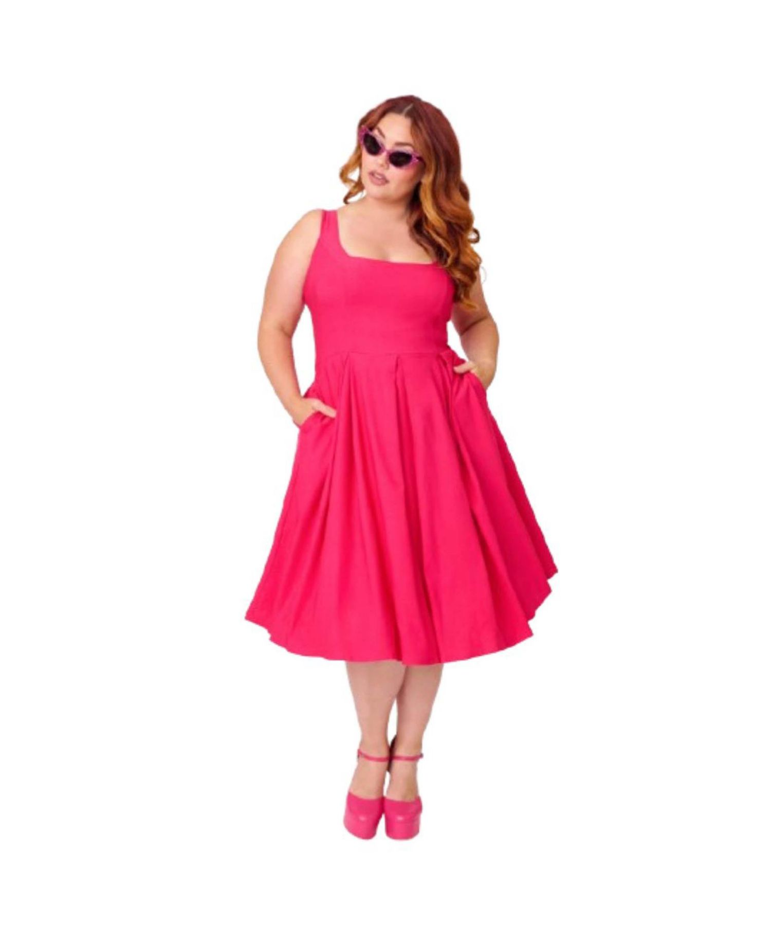 Plus Size Square Neck Pleated Swing Dress