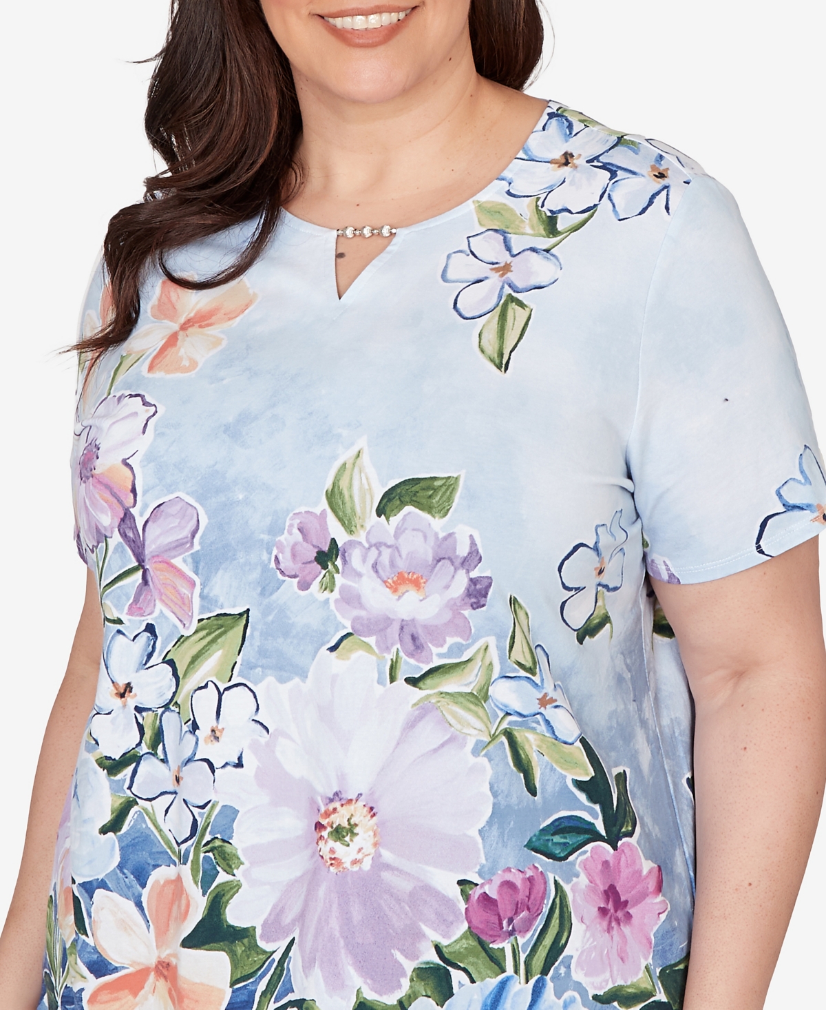 Alfred Dunner Plus Size Artisan Floral Split Neck T-Shirt