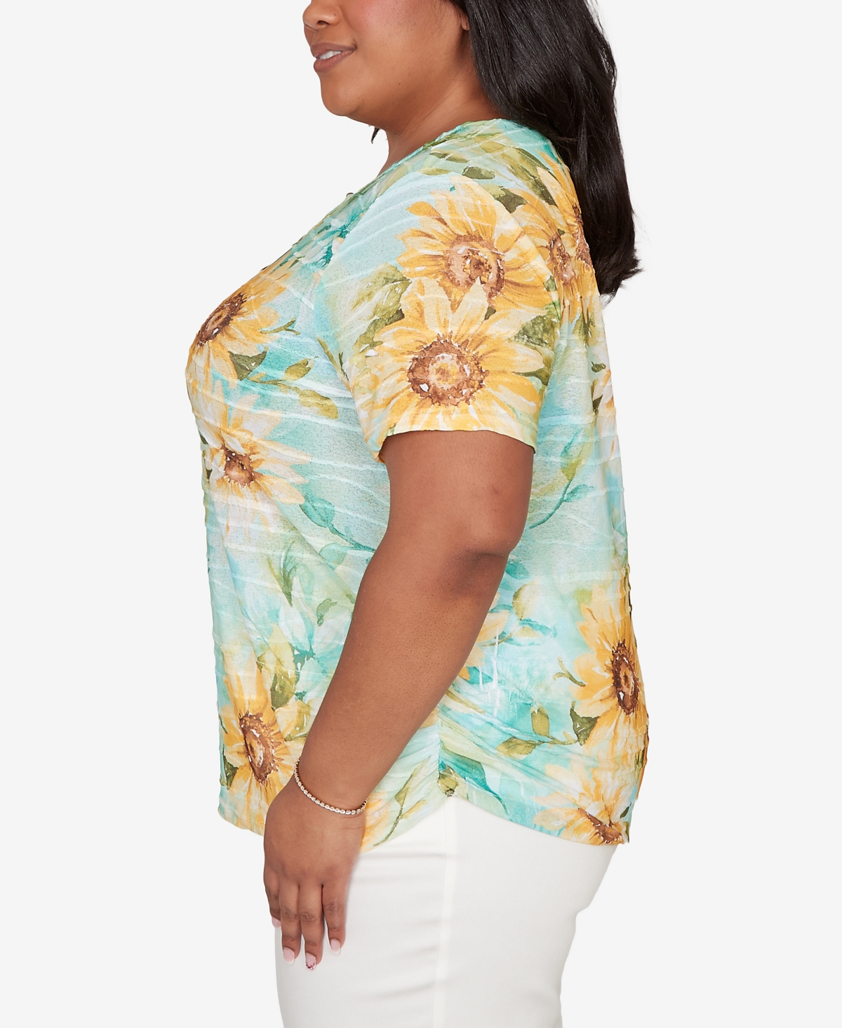 Alfred Dunner Plus Sunflower Split Neck Side Ruched T-Shirt