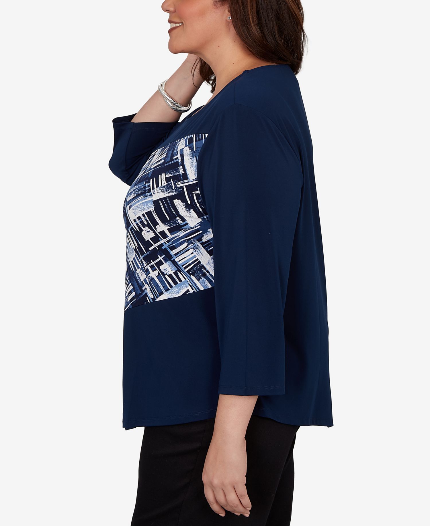 Plus Size Etched Plaid Diagonal Puff Printed Top