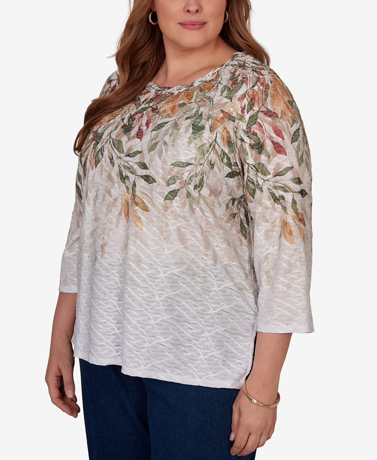 Alfred Dunner Plus Autumn Leaves Braided Neck Top