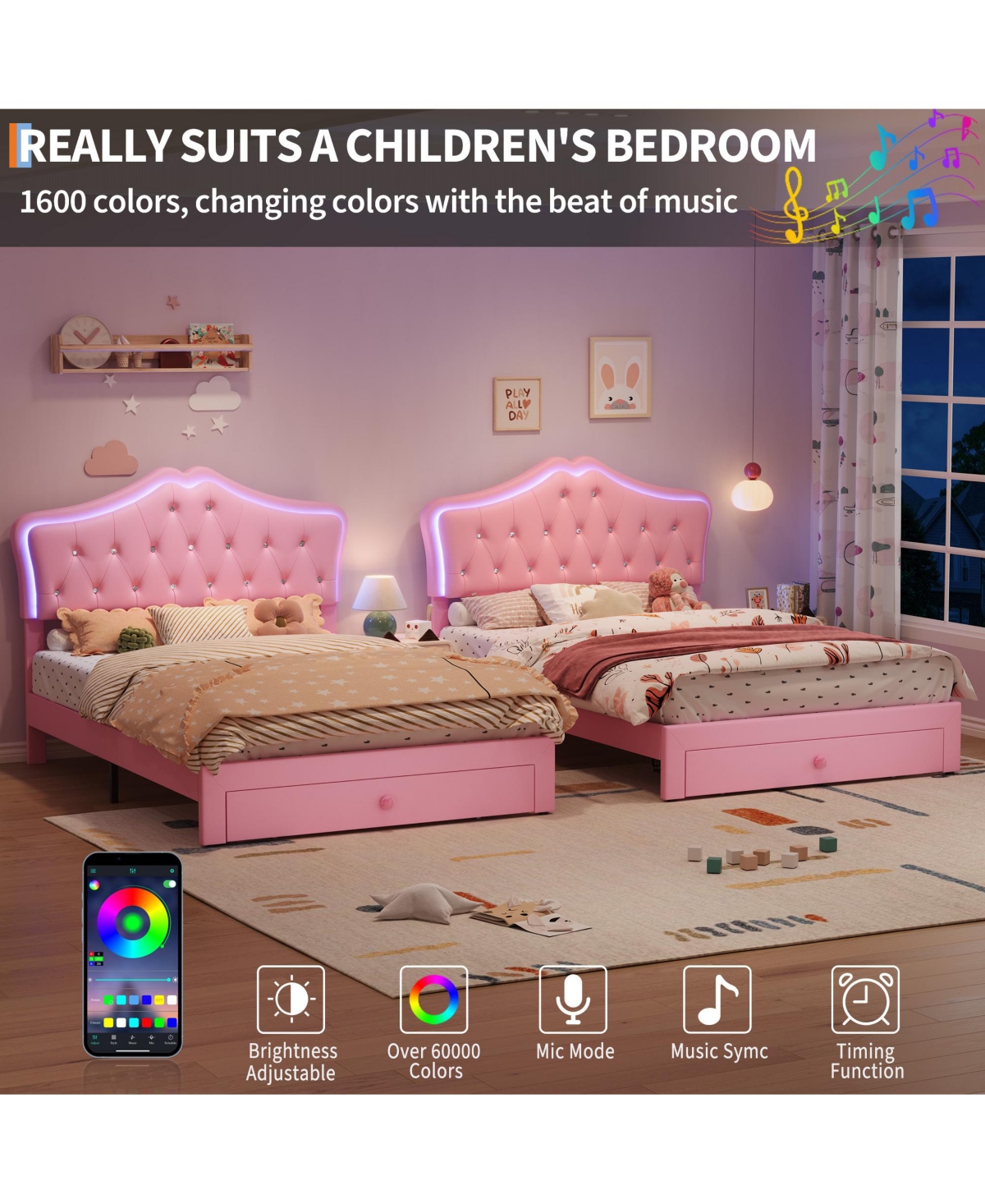 homfan Led Headboard Platform Bed, Tufted Bed Frame with Storage Drawer for Kids Room and Teens Room