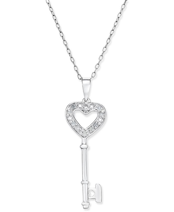 Macy's Diamond Heart-Key Pendant Necklace (1/10 ct. t.w.) in Sterling ...