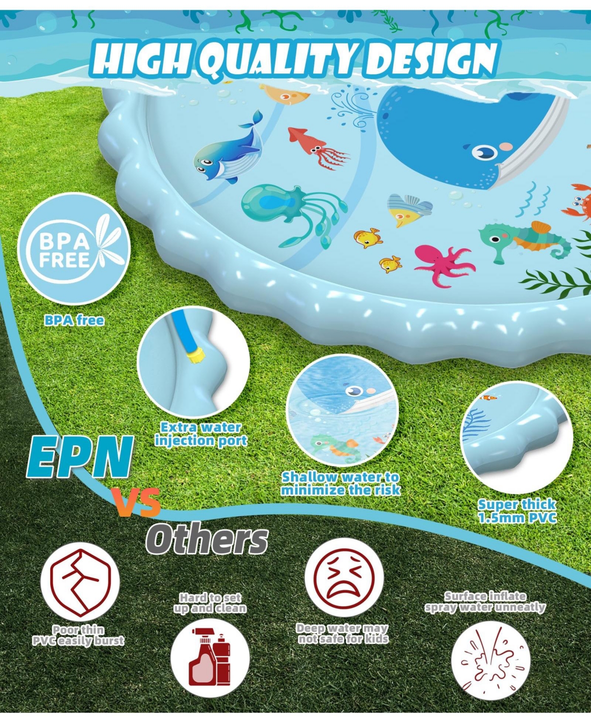 Aofar 90.5" Splash Pad Sprinkler Play Mat Kids Outdoor Water Pool