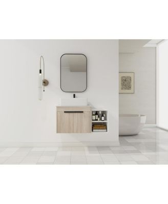 Wall Mounted Bathroom Vanity with Ceramic Vessel Sink, Side Storage Shelf, Soft Close Doors, Modern Floating Cabinet