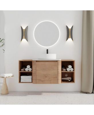 47.3 Inch Wall Mounted Bathroom Vanity with Ceramic Vessel Sink, Stone Top and Storage Shelves for Modern Bathrooms