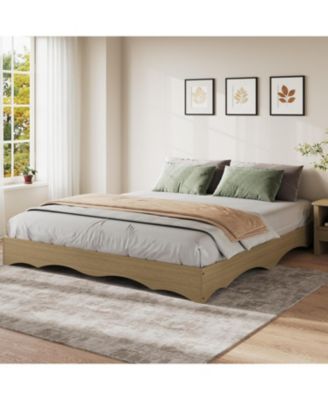 Wood Platform Bed Frame, Low Profile Bed with Wavy Wood Design, Minimalist Bed Base Without Headboard, Noise-Free Support, No Box Spring Needed