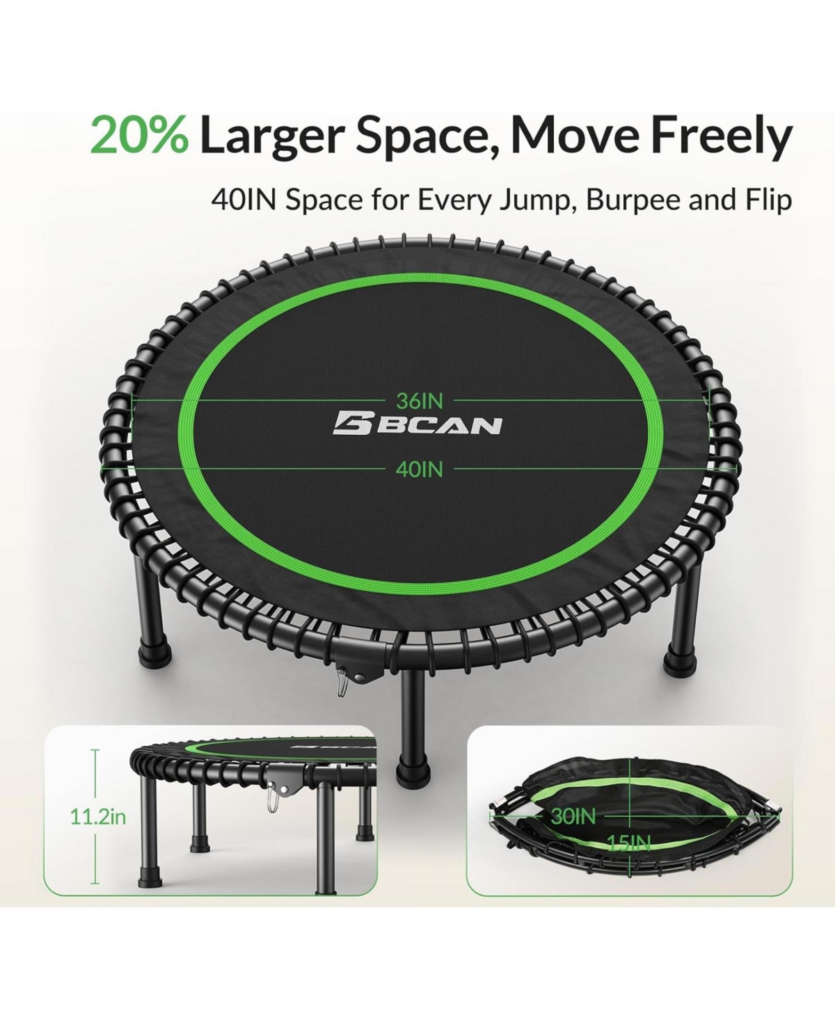 Bcan 450/550LBS Foldable Mini Trampoline for Adults, 40/48 inches Fitness Rebounder with Bungees