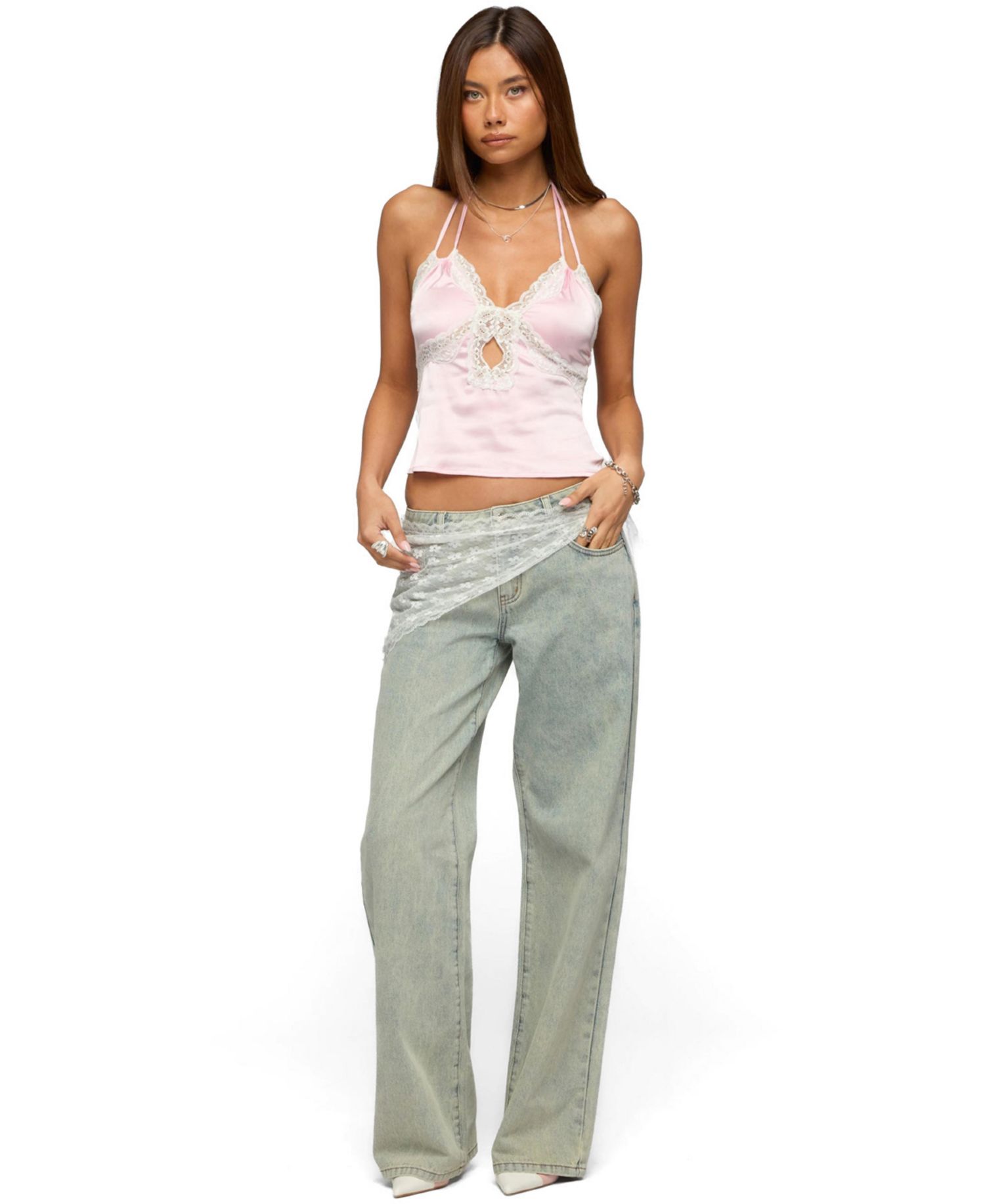 Women's Cove Lacey Cutout Satin Effect Top
