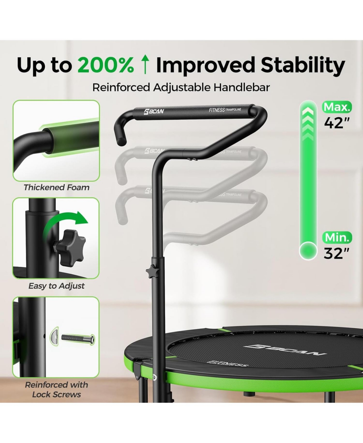 Bcan SP3 Foldable Mini Rebounder Trampoline with Adjustable T Shape Foam Handrail 40 Inch Indoor Garden Workout Trampoline for Adults 330LBS