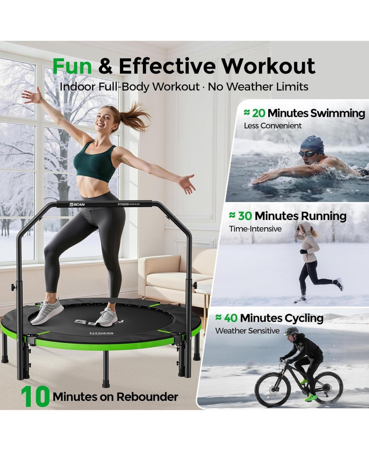 Bcan SP3 Foldable Mini Trampoline with U Shape Adjustable Foam Handle 48 Inch Adult Rebounder Trampoline Home Fitness Workout Max Load 440LBS