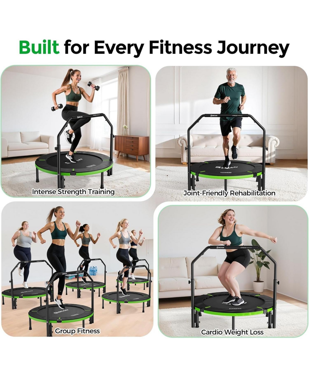 Bcan SP3 Foldable Mini Trampoline with U Shape Adjustable Foam Handle 40 Inch Adult Rebounder Trampoline Indoor Fitness Workout Max Load 330LBS